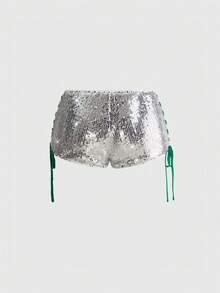 ROMWE Y2K Sporty Colorblock Sequin Ultra Low Waist Mini Women's Shorts Party Clubbing Green Summer Sexy Disco - Silver - View 2