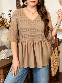 Lacomfia Crochet Mesh Patchwork Khaki Short Sleeve Loose Casual Everyday Plus Size Shirt - Khaki - View 5