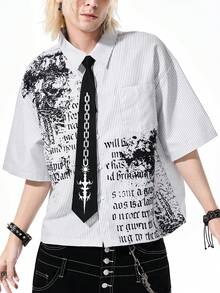ROMWE MEN Goth 男士短袖衬衫，哥特风印花+黑色领结设计，开襟纽扣休闲衬衫，适合夏季日常休闲、学院风、街头风等场合 - 彩色 - 查看 5