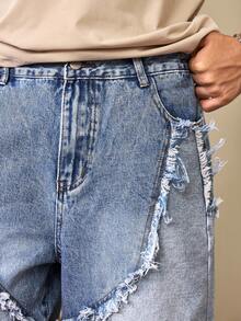 Whitmere Loose Fit Wide Leg Denim Shorts, Y2K Baggy Mid-Length Jeans Shorts, Casual Street Style, Cotton Side Pockets Denim Shorts For Summer - Blue - View 6