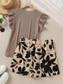 SHEIN LUNE Elegant Casual Solid Color Ruffle Top And Printed Shorts Two Pieces Set, Summer Vacation Turquoise Beige - Multicolor - View 2