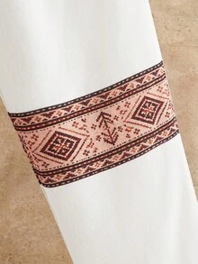HIMLAND Men's Cream Wide-Leg Pants With Colorful Geometric Woven Stripe Bands. Elastic Drawstring Waist In Lightweight Linen-Blend. Relaxed Resort Style For B - Khaki - View 5