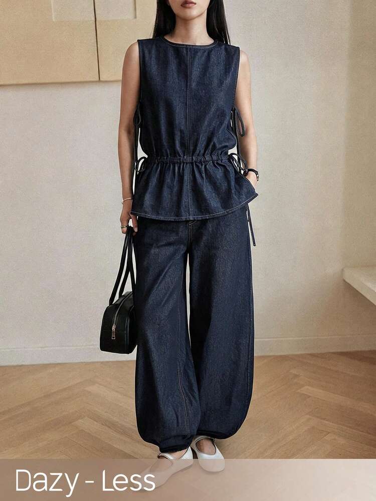 Women's Round Neck Ruffle Hem Sleeveless Top And Wide Leg Jeans Casual Suit