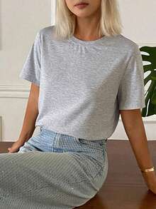 DAZY Women's Casual Solid Color Round Neck Short Sleeve T-Shirt, Summer - Grey - View 2