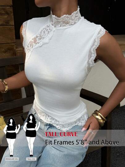 SHEIN Tall CURVE Plus Size Elegant Solid Color Contrast Lace Turtleneck Tight Camisole, Summer Tea Party Party Holiday Tea Party All White