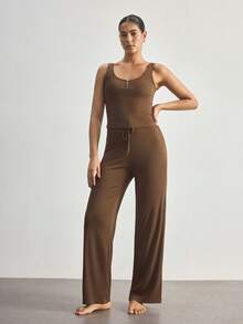 Ocili Comfortable Minimalist Sleeveless Pants Shell Button Pajama Set, Baby Pink Women Loungewear - Brown - View 4