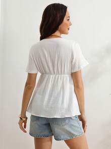 SHEIN 孕婦夏季休閒純色短袖襯衫 100%純棉 - 白色 - 查看 3