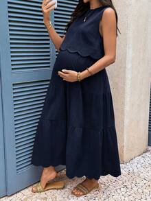 Boho Mama 孕婦度假休閒純色背心上衣與裙子兩件套 - 藏蓝色 - 查看 8