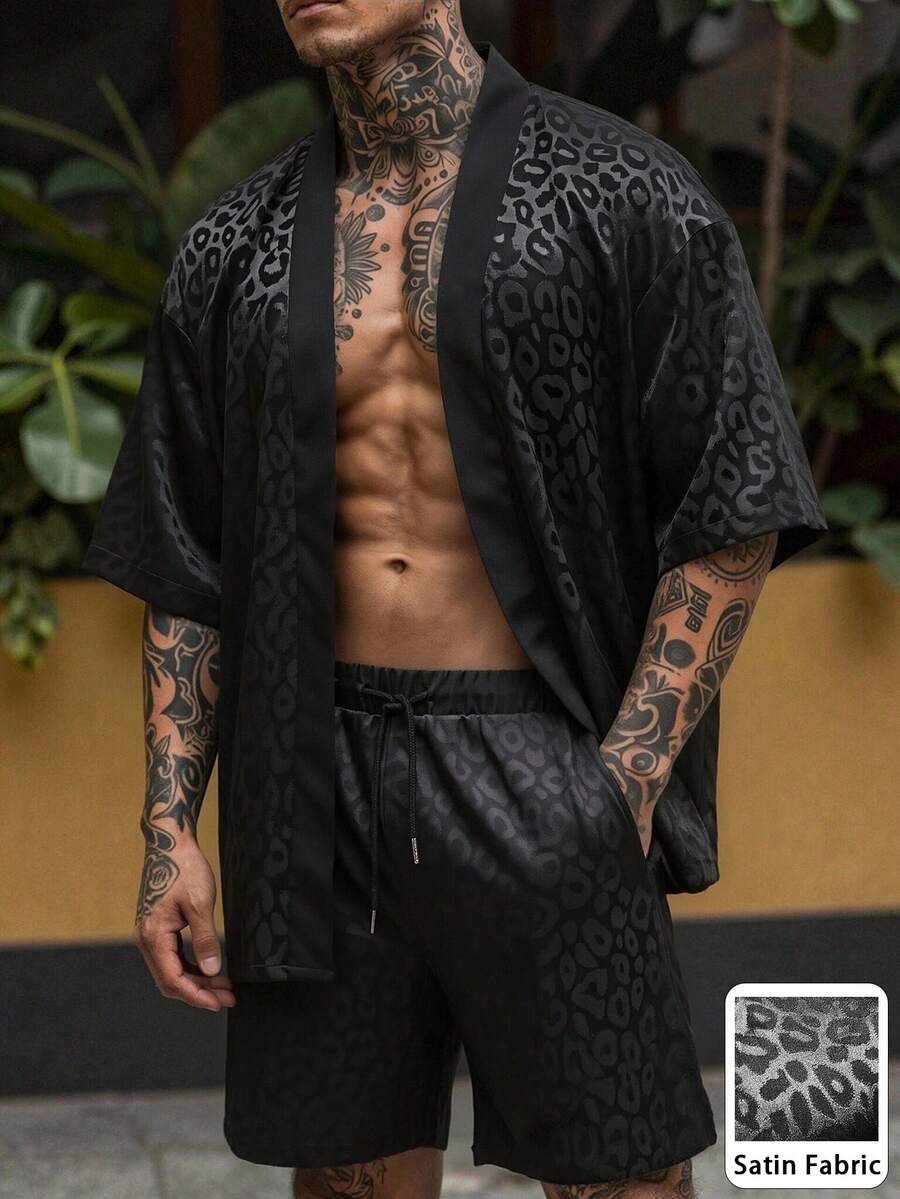 Genlund 男士日常成熟度假休閒外出必備風格豹紋紋理布料和服襯衫與短褲套裝,假期 - 黑色 - 查看 1