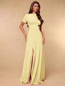 SHEIN BAE Gaun Maxi Elegan Berwarna Kuning Pucat Polos, Pas Badan, Lengan Pendek, Belahan Tinggi, dan Detail Kerut, Cocok untuk Makan Malam di Musim Semi/Panas - Kuning muda - View 6