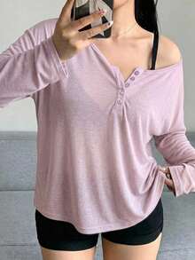 Dazy Plus Camiseta de manga larga con cuello redondo grande y abertura frontal parcial, unicolor, primavera/verano - Púrpura malva - Ver 2