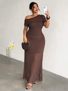 Firerie Plus Size Summer Elegant Solid Color Asymmetric Neckline Dress - Coffee Brown - View 6