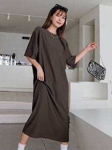 DAZY Spring Summer Autumn Round Neck Short Sleeve Loose Solid Color Dark Coffee Straight Casual Drop Shoulder Women's Mid-Length Dress - Dark Grey - View 4