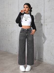 SHEIN PETITE 女款高腰口袋直筒寬鬆休閒百搭牛仔褲 - 灰色 - 查看 6
