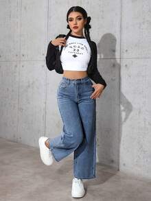 SHEIN PETITE 女款高腰口袋直筒寬鬆休閒百搭牛仔褲，適合嬌小女性 - 深色水洗藍 - 查看 6