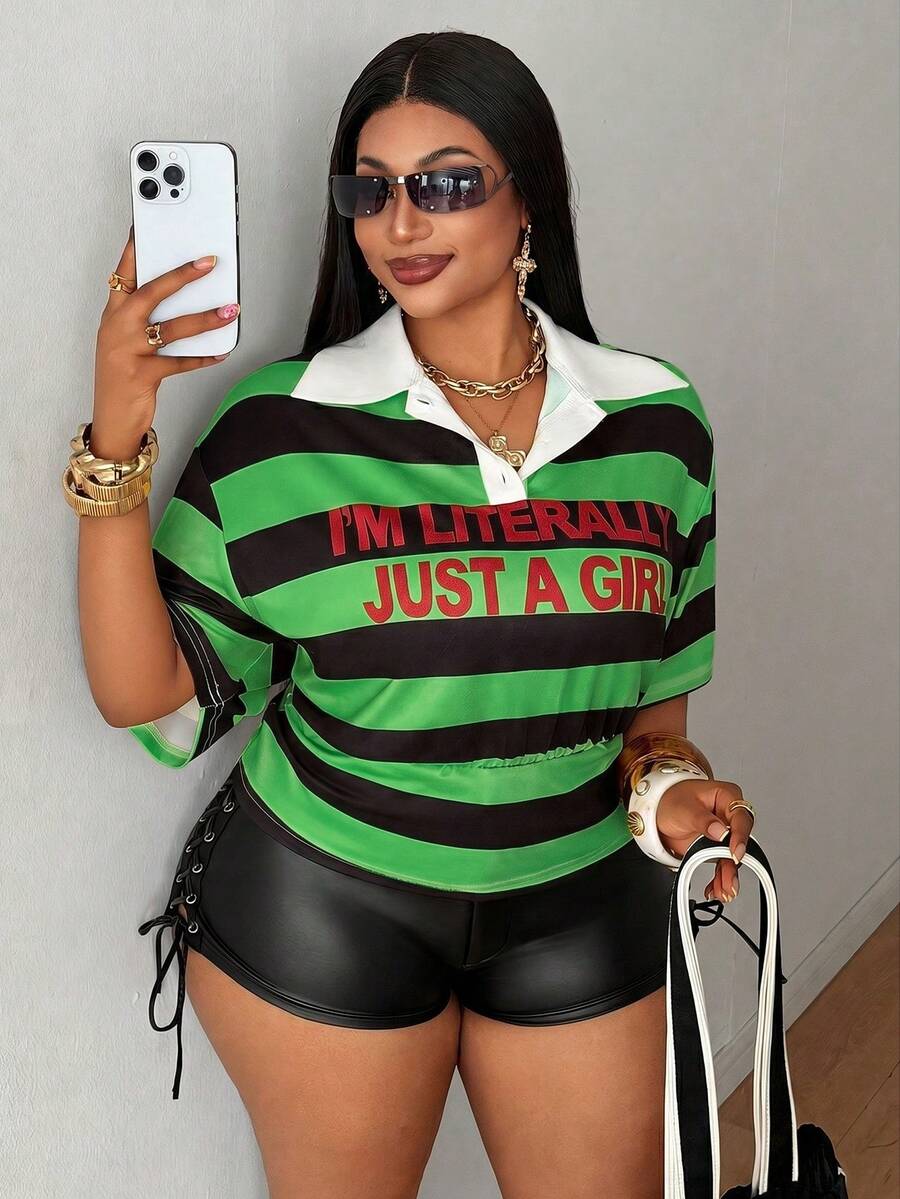 Maweii Camiseta casual de manga corta con cuello polo y estampado de rayas con letras para mujer de talla grande, estilo bohemio sexy de unicolor con rayas a cuadros, adecuada para verano, tops de verano, verano, vacaciones de verano, verano para mujer, vacaciones de verano de primavera para mujer, vacaciones, vacaciones de verano, vacaciones de playa para mujer - Verde - Ver 1