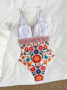 Swim Lushoire New Print Deep V-Neck Backless Slim Fit Fashion Summer One-Piece Swimsuit - Multicolor - View 2