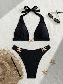 Swim Vcay 新款女款純色比基尼泳衣套裝 綁帶掛脖式 後背繫帶露背 海星裝飾 高腰三角泳褲兩件式海灘度假泳裝 - 黑色 - 查看 3