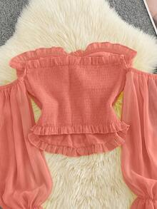 Franclia Top corto vintage francés rosa con volantes, hombros descubiertos, botones de perla y mangas acampanadas - Rosado Sandía - Ver 2