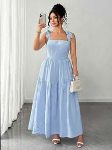 Elenzga Plus Size Fashion Women's French Elegant Blue Striped Strapless Spaghetti Strap Dress, Lace-Up Cinched Waist Design Full Skirt Long Dress Suitable For Summer Back To School, Vacation, Graduation, Holiday, Valentine's Day, Christmas, Music Festival, Mother's Day, Halloween, Thanksgiving, Easter, National Day, Prom, Birthday, Date Party, Wedding Season, Outing, Etc. - Multicolor - View 4