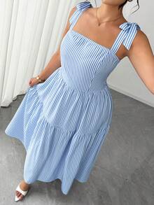 Elenzga Plus Size Fashion Women's French Elegant Blue Striped Strapless Spaghetti Strap Dress, Lace-Up Cinched Waist Design Full Skirt Long Dress Suitable For Summer Back To School, Vacation, Graduation, Holiday, Valentine's Day, Christmas, Music Festival, Mother's Day, Halloween, Thanksgiving, Easter, National Day, Prom, Birthday, Date Party, Wedding Season, Outing, Etc. - Multicolor - View 1