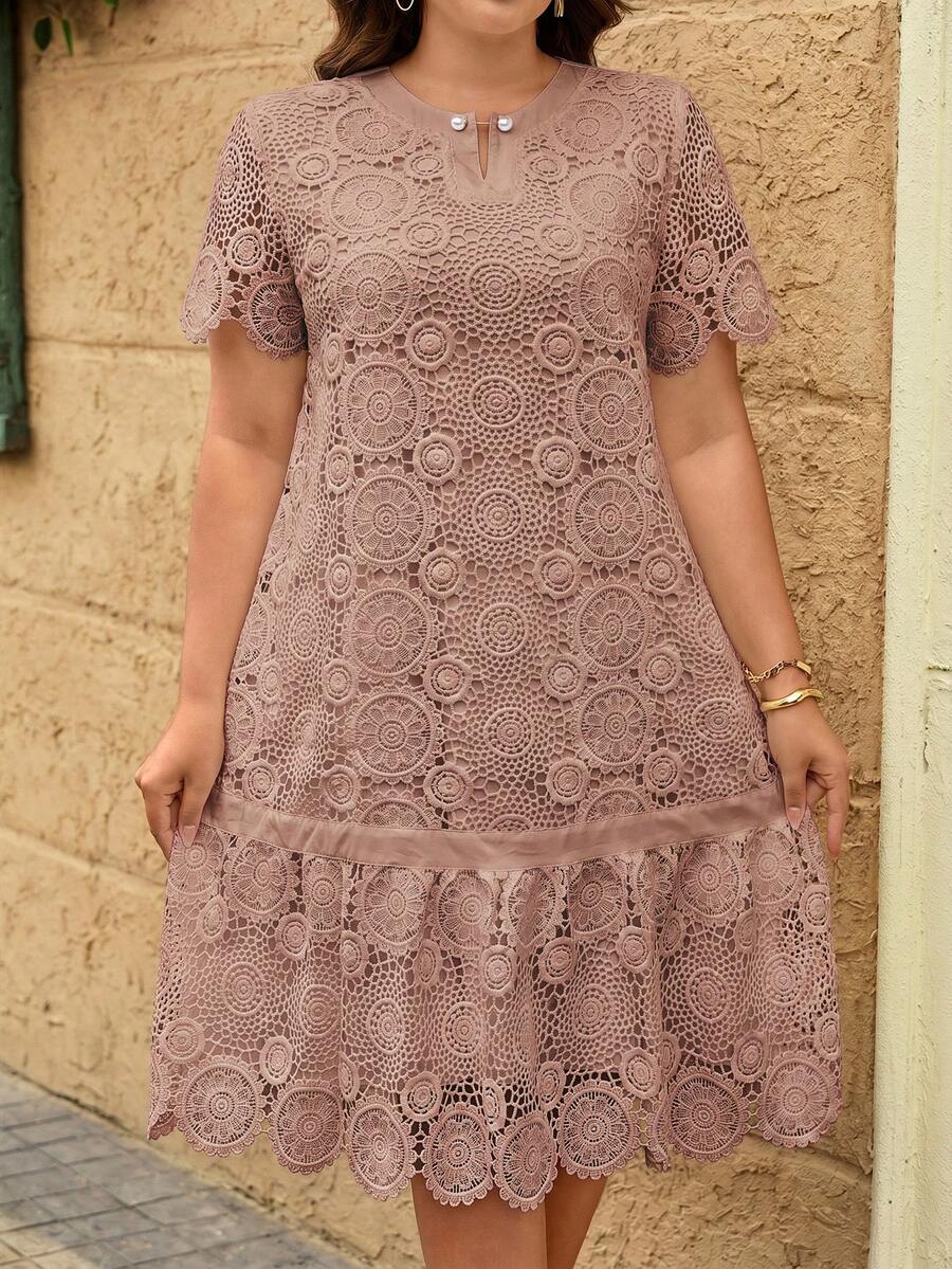 Reflora Plus Size Women's Lace Short Sleeve Ruffle Hem Elegant Dress - Dusty Pink - View 1