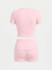 Setelan Pullover Rajut Kasual Abu-abu Polos untuk Remaja Perempuan + Celana Pendek Abu-abu, Pakaian Musim Panas, Gaya Dasar, Gaya Kasual, Gaya Sporty - Berwarna merah muda - View 2