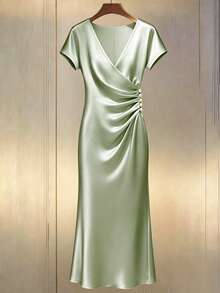 Franclia Plus Size Women Elegant Ruched Pearl Button Decor Short Sleeve Fishtail Dress, Spring/Summer Cocktail Formal Sage Green - Mint Green - View 4
