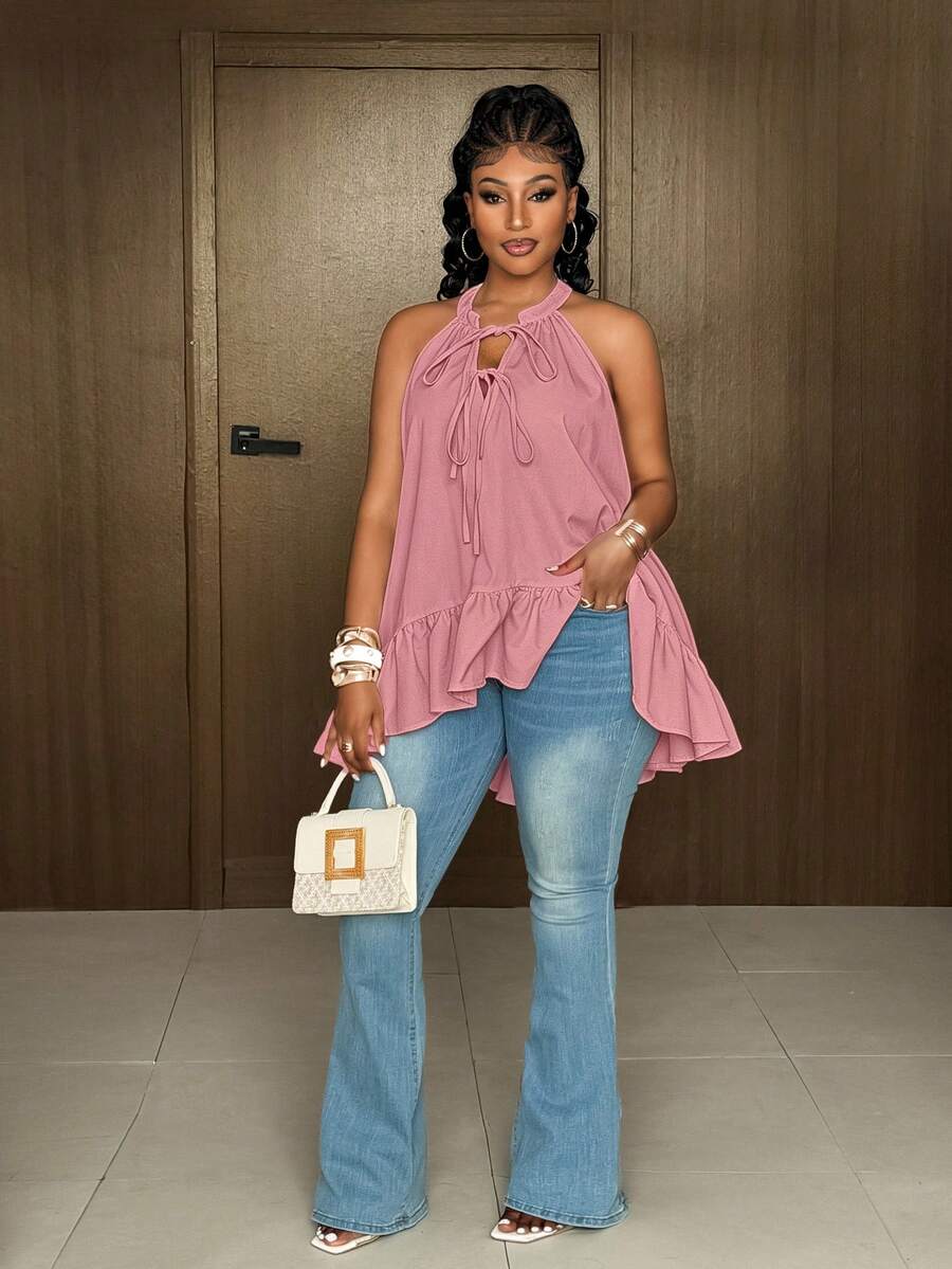 Maweii Plus Size French Hot Girl V-Neck Asymmetrical Ruffle Halter Neck Tie Shirt - Dusty Pink - View 1