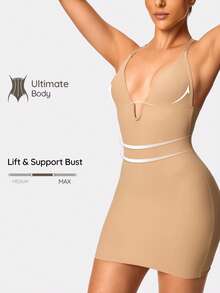 SHAPORA Vestido camiseta ajustado con cuello en V profundo y espalda descubierta para mujer - Albaricoque - Ver 1