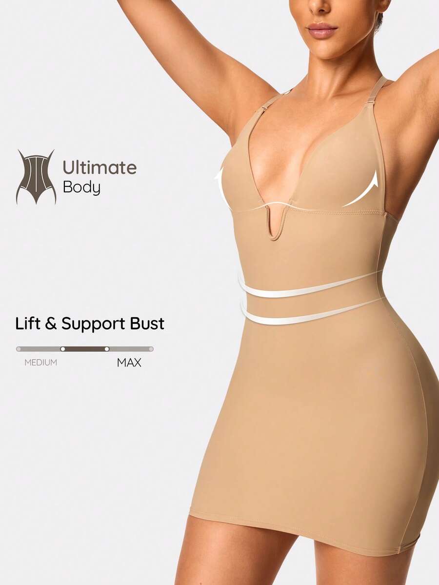 SHAPORA Vestido camiseta ajustado con cuello en V profundo y espalda descubierta para mujer - Albaricoque - Ver 1