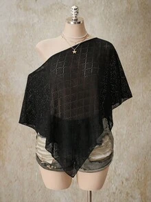SHEIN ICON 大尺碼女款不對稱肩設計休閒百搭日常上衣 - 黑色 - 查看 6