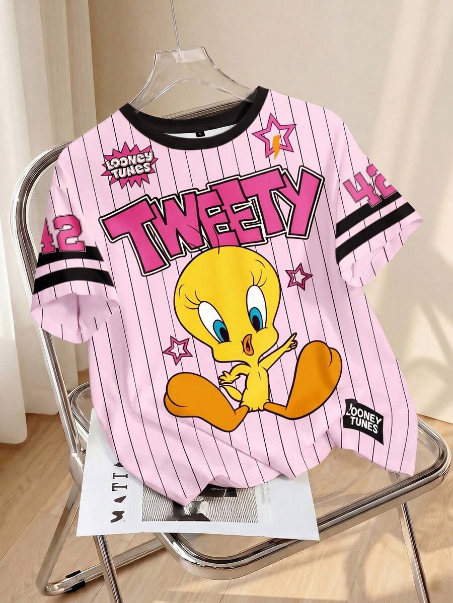 LOONEY TUNES X SHEIN 女士休闲条纹卡通图案圆领短袖T恤,夏季 - 白色 - 查看 1