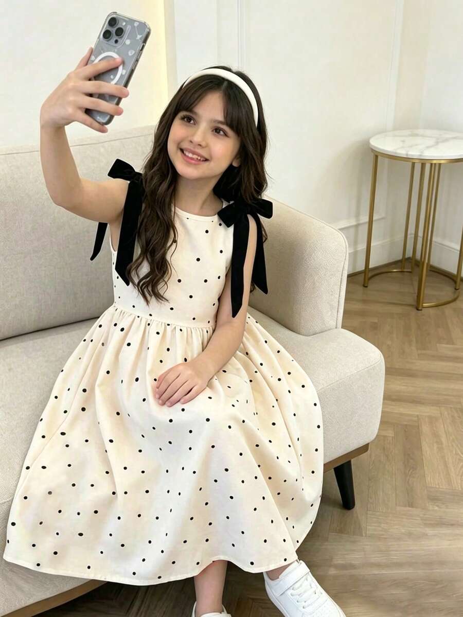 SHEIN Tween Girl Black Polka Dot Sleeveless Black Dresses Fall Style US Fall Style Fall Outfits - Apricot - View 1
