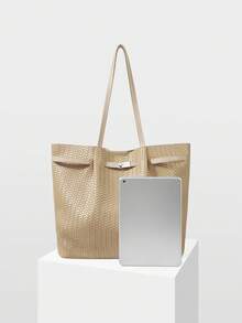 MOTF WOMEN'S FASHION APRICOT TOTE BAG, EXQUISITE STRAPS, RETRO WOVEN EMBOSSED MATERIAL SHOULDER BAG, LARGE CAPACITY COMMUTER BAG - Apricot - View 5