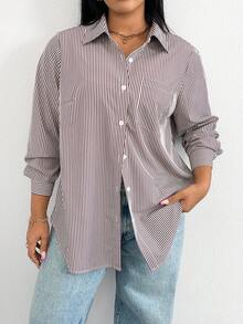 SHEIN Essnce Plus Size Women's Spring/Autumn Casual Traditional Loose Comfortable All-Match White Button Long Sleeve Shirt Outing Work Office Formal Top Teachers' Day - Brown - View 7