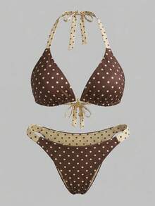 SHEIN Swim Curve 2026新款加大码两件套波点随机印花双面可爱甜美夏季度假吊带比基尼套装，适合夏季海滩和假日穿着 - 彩色 - 查看 1