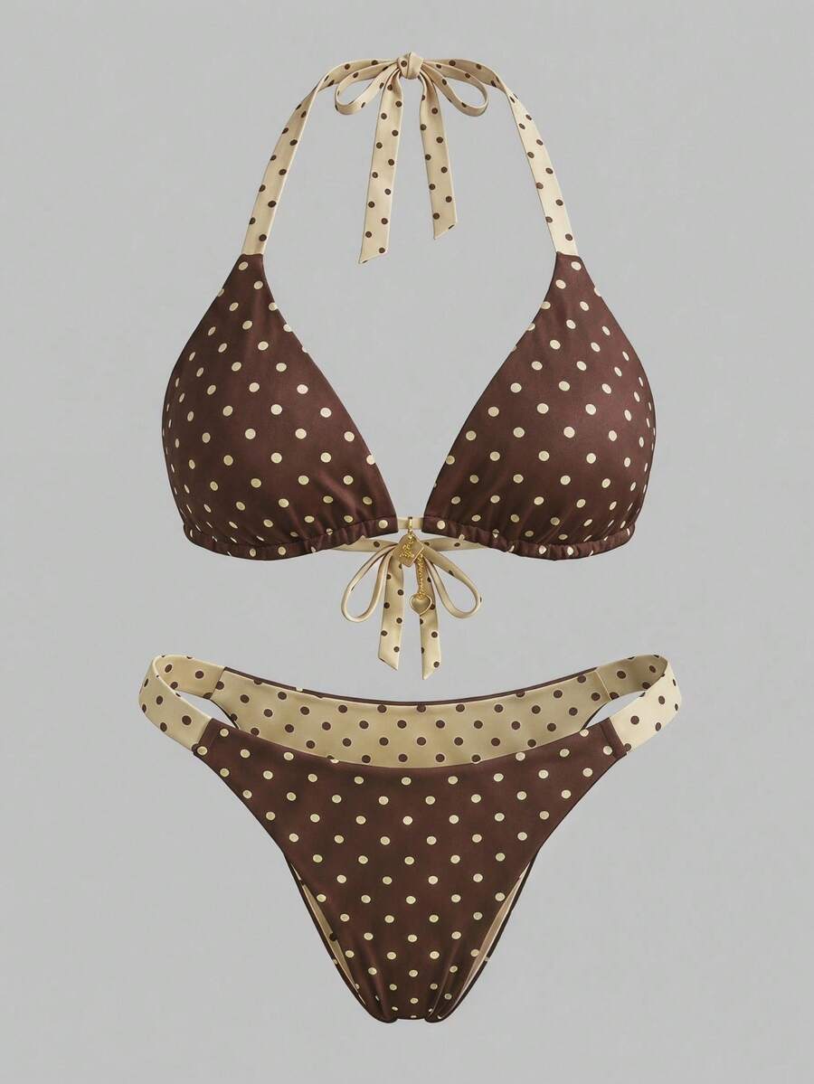 SHEIN Swim Curve 2026新款加大码两件套波点随机印花双面可爱甜美夏季度假吊带比基尼套装,适合夏季海滩和假日穿着 - 彩色 - 查看 1