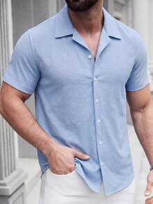 SLATEMANN Men's Textured Single-Breasted Casual Versatile Short Sleeve Shirt, Ceremony - Blue - View 3