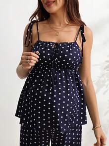 SHEIN Setelan Hamil 2 Potong: Atasan Tank Top Motif Polkadot dengan Tali Ikat dan Celana Panjang Longgar dengan Pinggang yang Dapat Diatur - Navy Blue - View 10