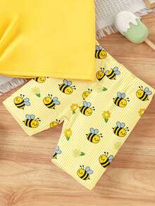 Baby Girl Pastel Yellow Summer Casual Cute Cartoon Bee Print T-Shirt & Bike Shorts Set,Soft Flower Pattern Athleisure Wear For Daily Work Home - Multicolor - View 5