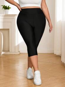 SHEIN CURVE+ Women's Super Soft Cropped Pants In Plus Size For Summer, Made Of Cool Fabric Cropped Pants Gym Brown - Black - View 5