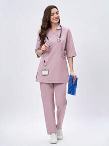 Scrubzie 不对称领刺绣长款制服上衣 - 藕粉色 - 查看 3