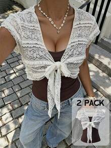 INAWLY French Vintage Lace Tie-Up Short Cover-Up And Slimming Camisole Set - Multicolor - View 2