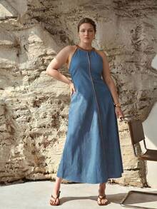 MOTF PREMIUM SPRING/SUMMER WOMEN'S HALTER NECK CONTRAST PIPING DENIM DRESS - Blue - View 3