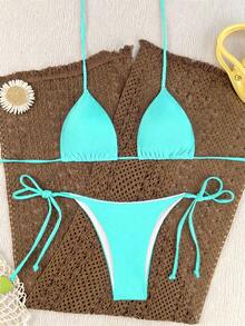 Oceva Women's Summer Beach Solid Color Halter Neck Tie Sexy Fashion Bikini Two-Piece Swimsuit Set - Mint Blue - View 3
