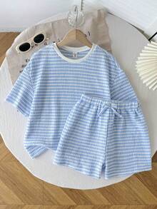 SHEIN 青少年女孩條紋圓領短袖T恤與短褲休閒套裝 - 藍白色 - 查看 6