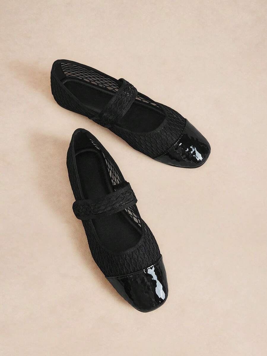 Rosivie Women Shoes Black Mesh Patent Leather Mary Jane Shoes, Square Toe Word With Soft Sole Commuter Breathable Shoes - Mesh black - View 1