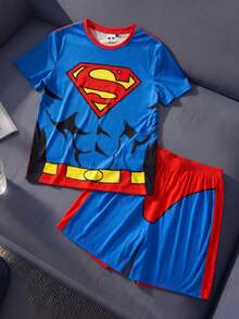 SUPERMAN X SHEIN Men's Print Top And Shorts Loungewear Set - Blue - View 3
