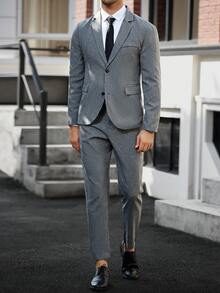 Manfinity Mode Men's Solid Color Patchwork Button Front Long Sleeve Blazer And Pants Set, Men's Solid Color Relaxed Lapel Blazer And Bias Pocket Pants Set Formal, Ceremony - Dark Grey - View 7